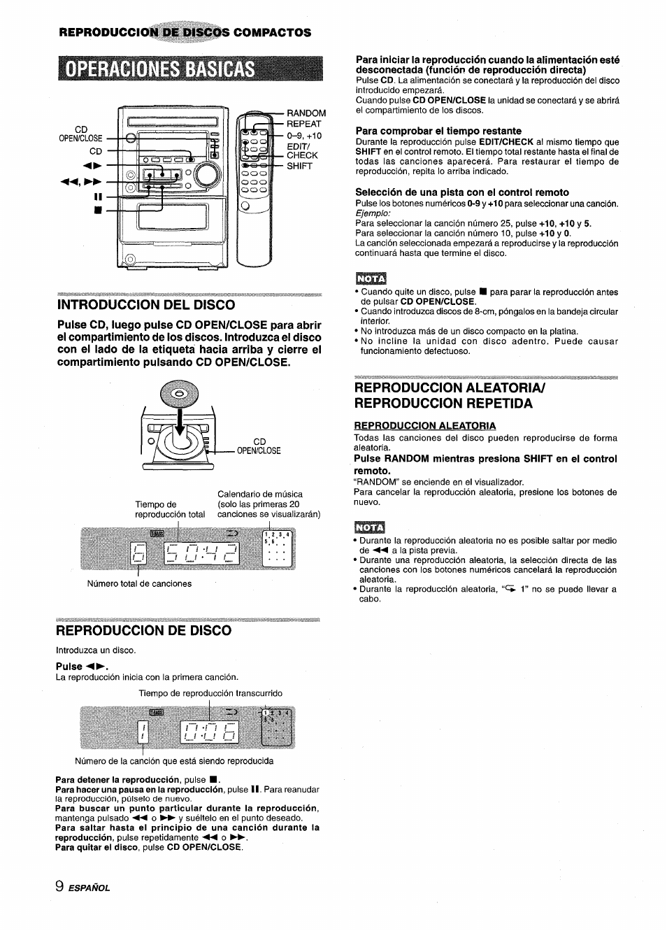 Operaciones basicas, Para comprobar el tiempo restante, Selección de una pista con el control remoto | Introduccion del disco, Reproduccion aleatoria/ reproduccion repetida, Reproduccion aleatoria, Reproduccion de disco, Pulse, Reproduccion de discos compactos | Aiwa XM-M25 User Manual | Page 32 / 68