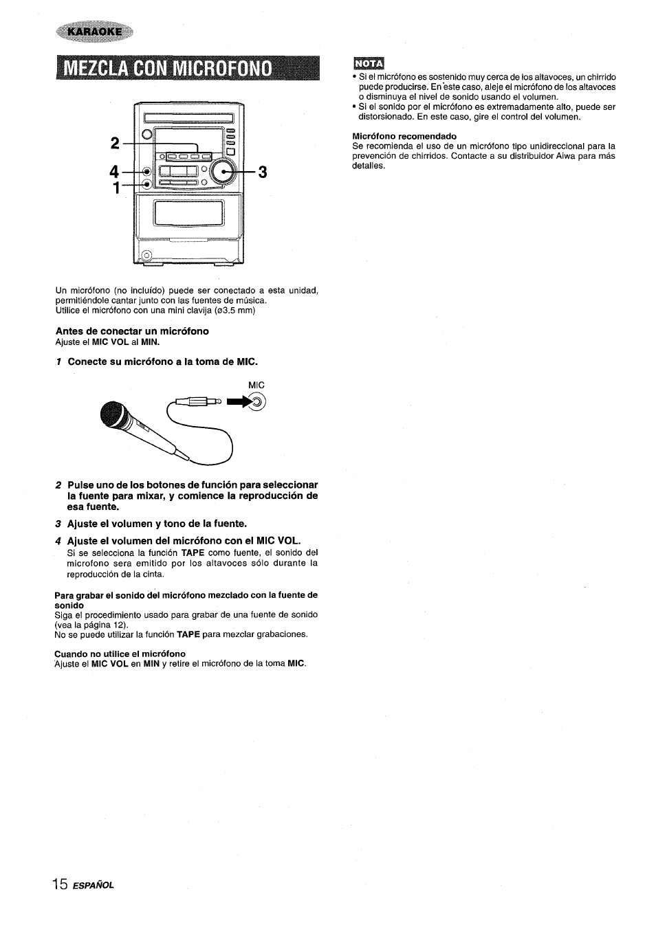 Mezcla con microfono, Antes de conectar un micrófono, 1 conecte su micrófono a ia toma de mic | 3 ajuste ei voiumen y tono de ia fuente, 4 ajuste ei voiumen dei micrófono con ei mic vol | Aiwa XM-M25 User Manual | Page 38 / 68