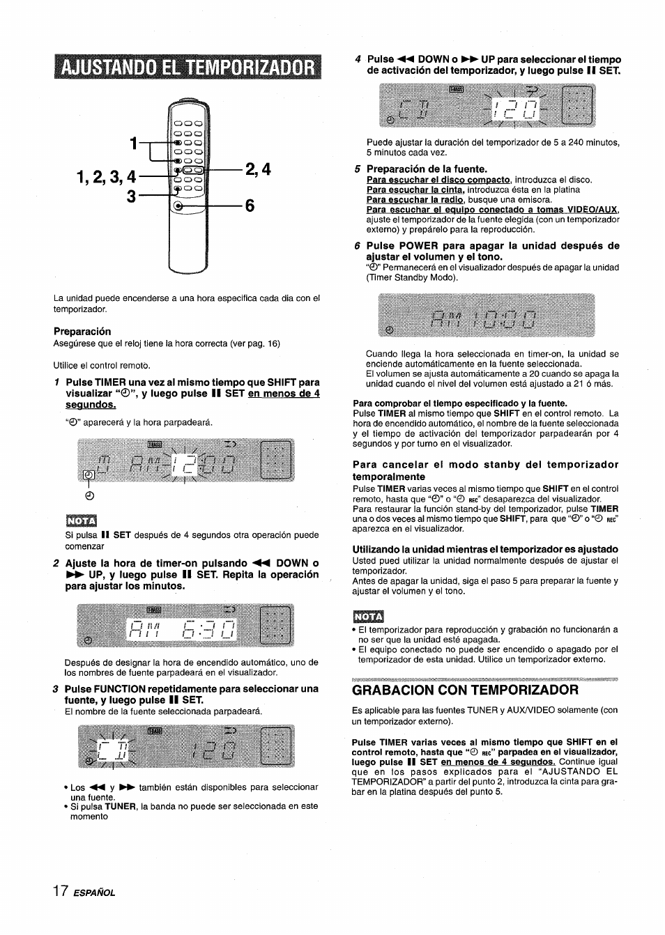 Ajustando el temporizador, 5 preparación de ia fuente, Preparación | Grabacion con temporizador | Aiwa XM-M25 User Manual | Page 40 / 68