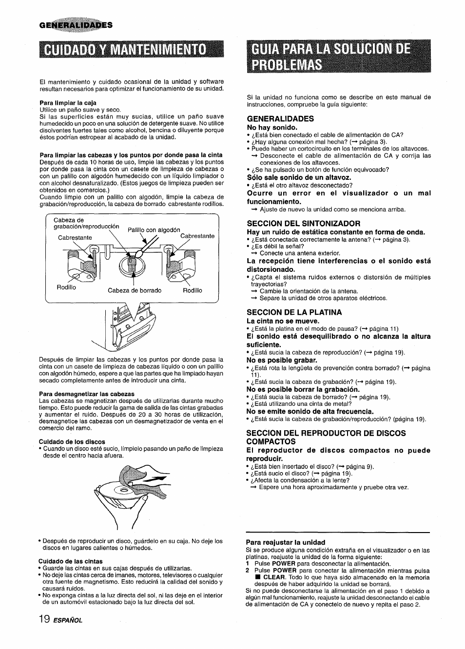Cuidado y mantenimiento, Guia para l problemas, Generalidades | No hay sonido, Sólo sale sonido de un altavoz, Seccion del sintonizador, Seccion de la platina, La cinta no se mueve, No es posibie grabar, No es posible borrar la grabación | Aiwa XM-M25 User Manual | Page 42 / 68