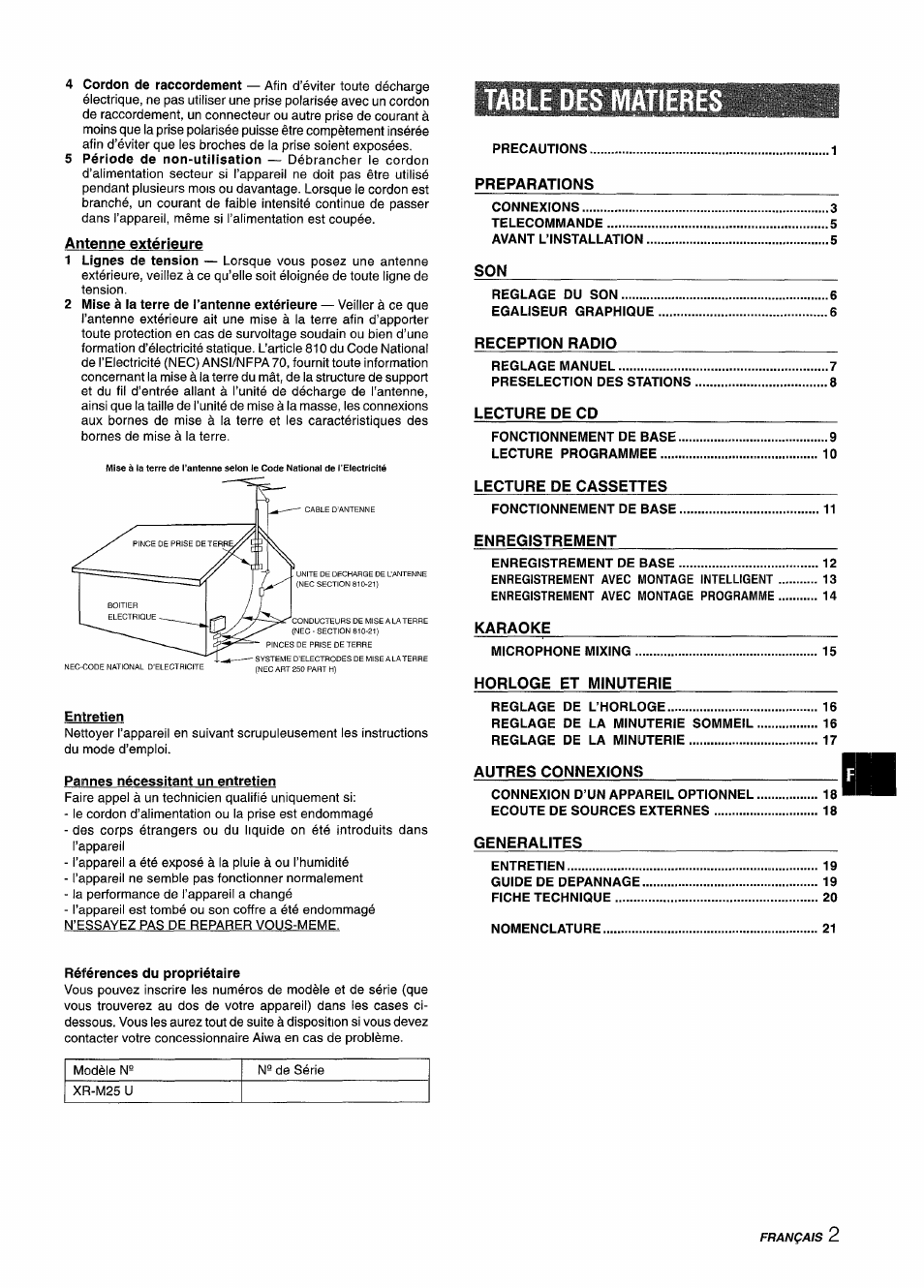 Table des matieres, Entretien, Pannes nécessitant un entretien | Aiwa XM-M25 User Manual | Page 47 / 68