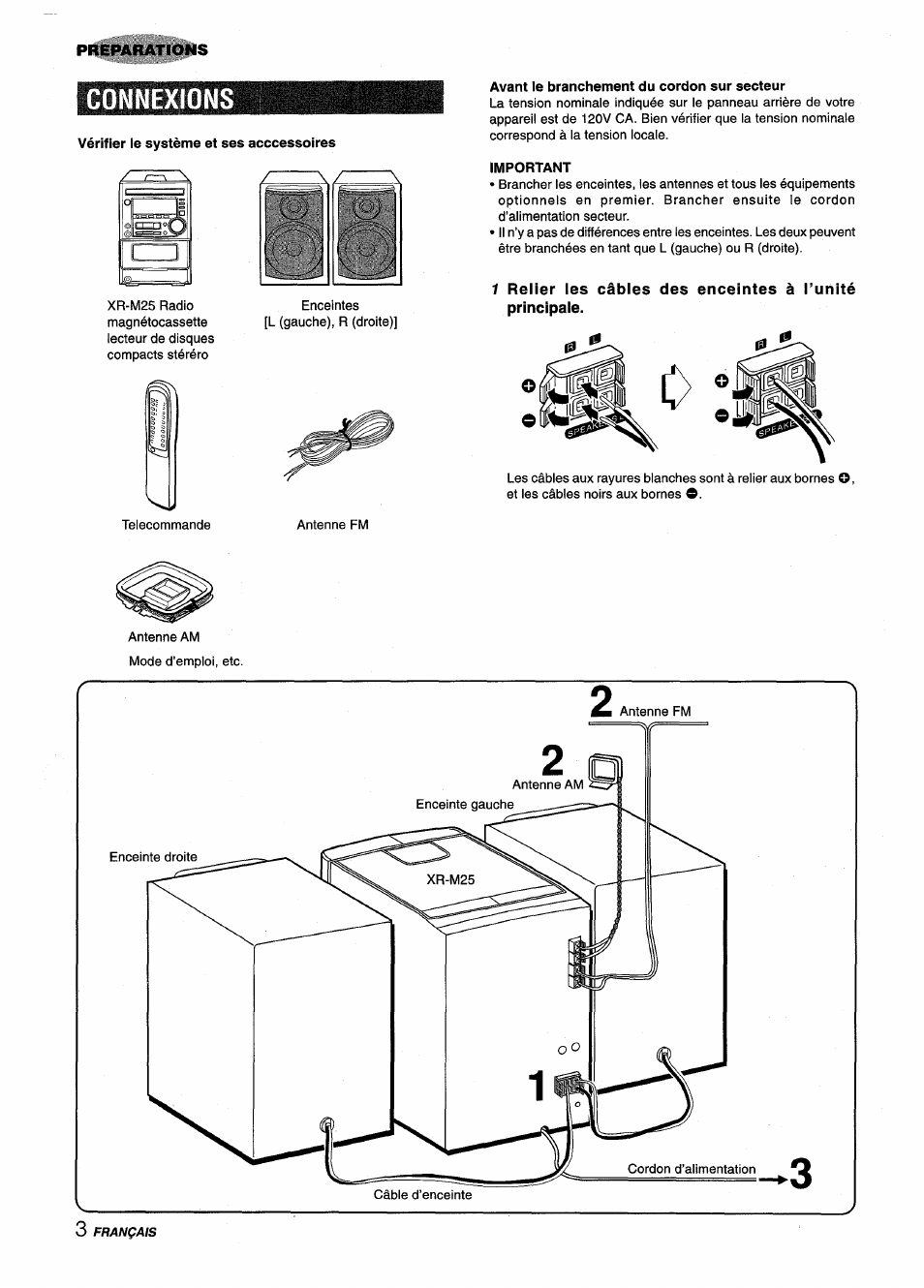 Vérifier ie système et ses acccessoires, Avant le branchement du cordon sur secteur, Important | Connexions | Aiwa XM-M25 User Manual | Page 48 / 68