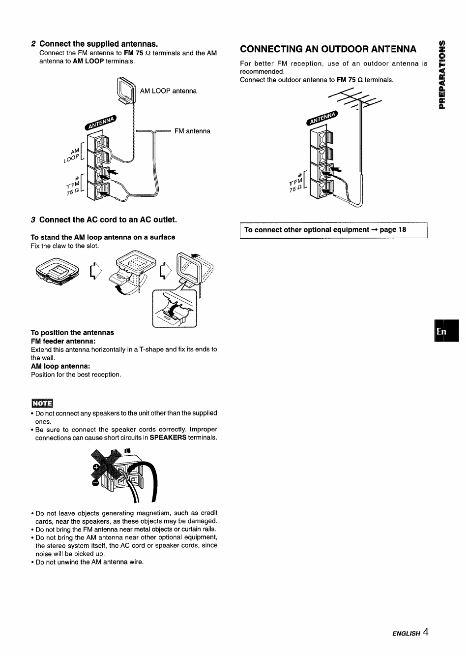 2 connect the supplied antennas, Connecting an outdoor antenna, 3 connect the ac cord to an ac outlet | Fm feeder antenna | Aiwa XM-M25 User Manual | Page 5 / 68