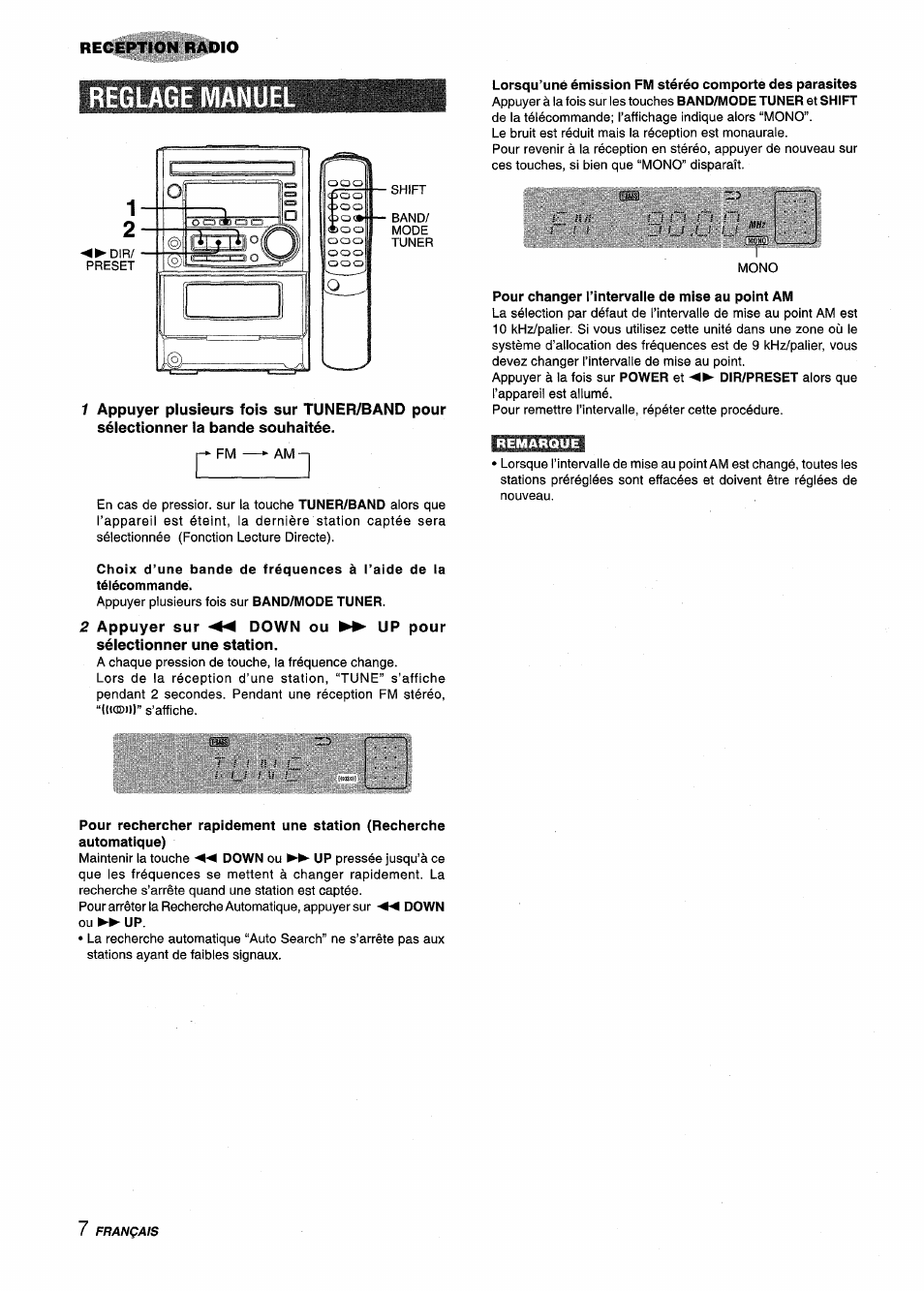 Reglage manu, Pour changer l’intervalle de mise au point am, Reglage manuel | Reglage manu 1 2 | Aiwa XM-M25 User Manual | Page 52 / 68