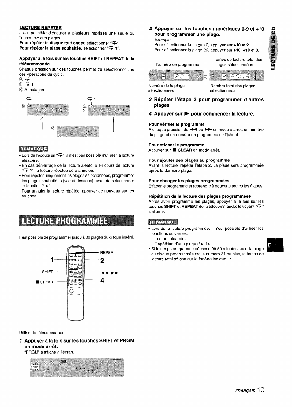 Lecture repetee, 4 appuyer sur ^ pour commencer la lecture, Pour vérifier le programme | Pour effacer le programme, Pour ajouter des plages au programme, Pour changer les plages programmées, Répétition de la lecture des plages programmées, Lecture programme | Aiwa XM-M25 User Manual | Page 55 / 68