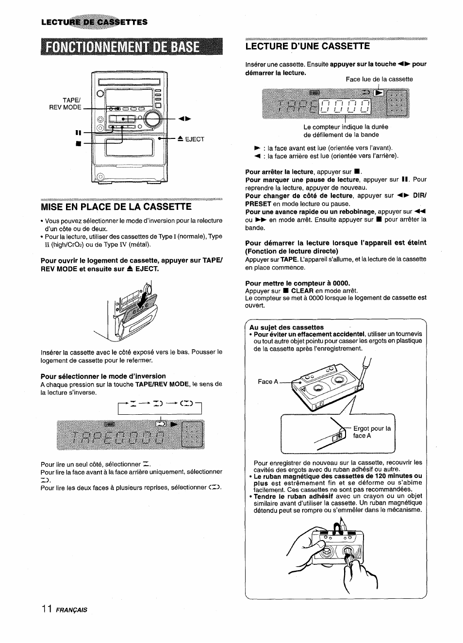 Fonctionnement oe base, Mise en place de la cassette, Pour séiectionner ie mode d’inversion | Lecture d’une cassette, Pour mettre le compteur à 0000, Fonctionnement de base | Aiwa XM-M25 User Manual | Page 56 / 68