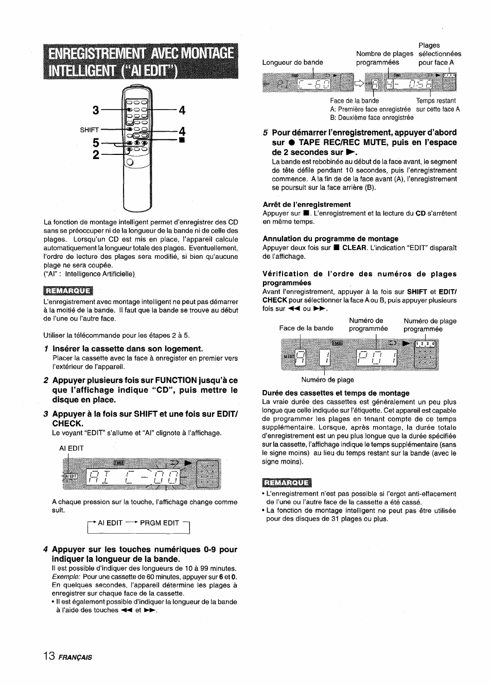 Enregistremehiï avec montage intelligent (“al edit, Arrêt de l’enregistrement, Annulation du programme de montage | Enregistrement avec montage intelligent. 13 | Aiwa XM-M25 User Manual | Page 58 / 68
