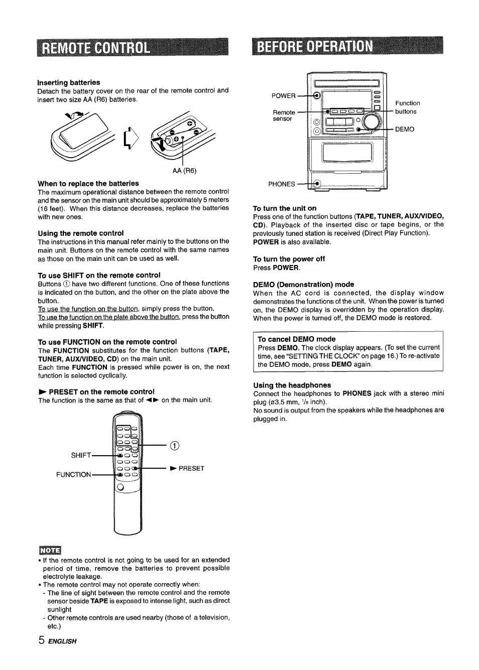 Remote contro, Before operation, Inserting batteries | When to replace the batteries, Using the remote control, To use shift on the remote control, To use function on the remote control, Preset on the remote control, To turn the unit on, To turn the power off press power | Aiwa XM-M25 User Manual | Page 6 / 68