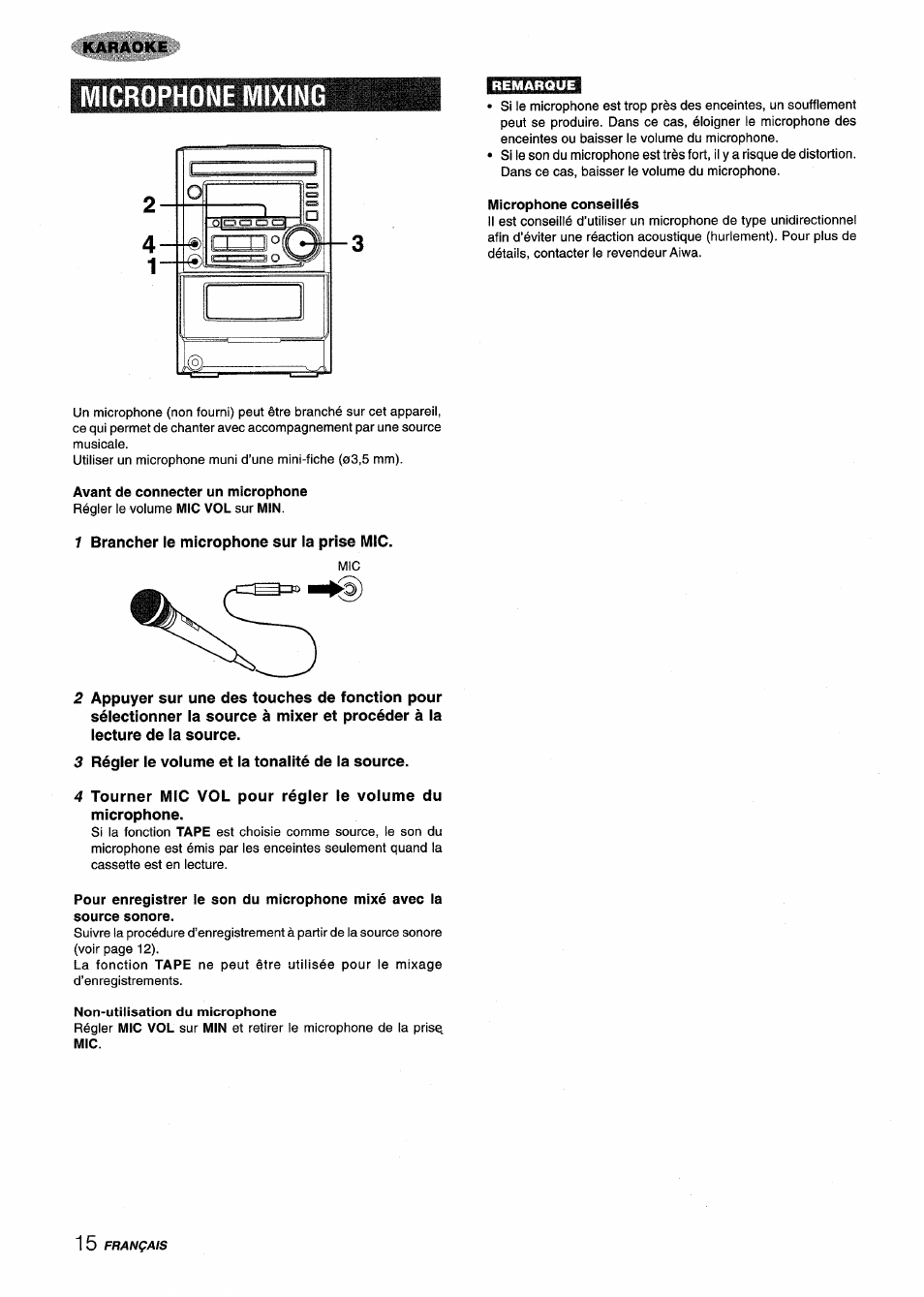 Microphone mixing, Remarque, Microphone conseillés | Avant de connecter un microphone, 1 brancher le microphone sur la prise mic, 3 régler le volume et la tonalité de la source | Aiwa XM-M25 User Manual | Page 60 / 68