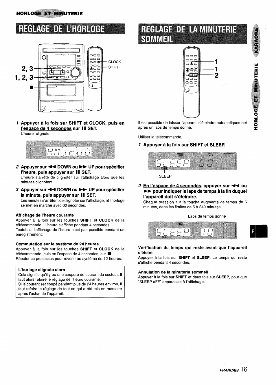 Reglage de l’horloge, Affichage de l’heure courante, Commutation sur le système de 24 heures | Annulation de la minuterie sommeil | Aiwa XM-M25 User Manual | Page 61 / 68