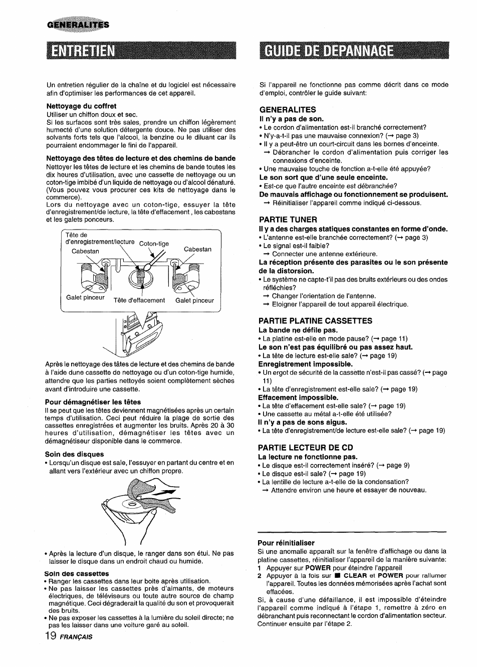 Entretien, Guide de depannag, Soin des cassettes | Generalites, Partie tuner, Partie platine cassettes la bande ne défile pas, Partie lecteur de cd la lecture ne fonctionne pas, Pour réinitialiser, Entretien guide de depannage | Aiwa XM-M25 User Manual | Page 64 / 68
