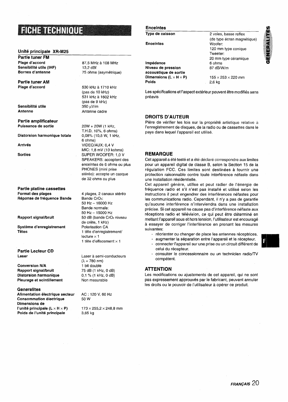 Fiche techniq, Unité principale xr-m25, Enceintes | Partie lecteur cd laser, Généralités, Droits d’auteur, Remarque, Attention, Fiche technique | Aiwa XM-M25 User Manual | Page 65 / 68