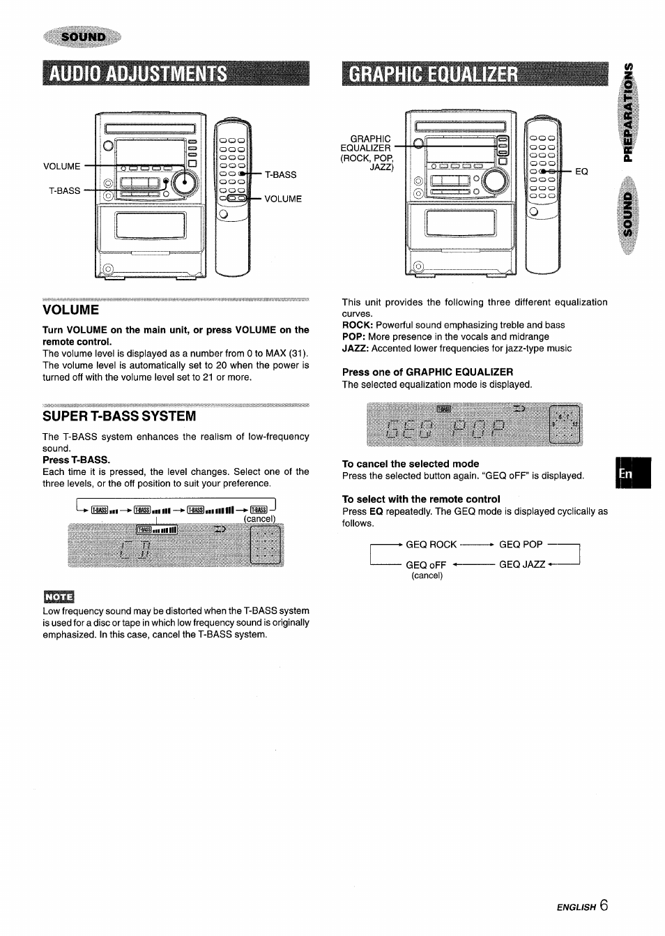 Audio adjustment, Graphic equali, Volume | Press one of graphic equalizer, Super t-bass system, To cancel the selected mode, To select with the remote control, Audio adjustments graphic equalizer, Audio adjustment graphic equali | Aiwa XM-M25 User Manual | Page 7 / 68