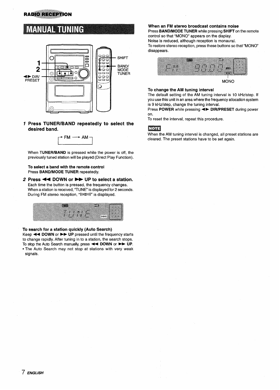 Manual tuning, When an fm stereo broadcast contains noise, To change the am tuning intervai | Press ◄◄ down or ►► up to select a station, To search for a station quickly (auto search) | Aiwa XM-M25 User Manual | Page 8 / 68