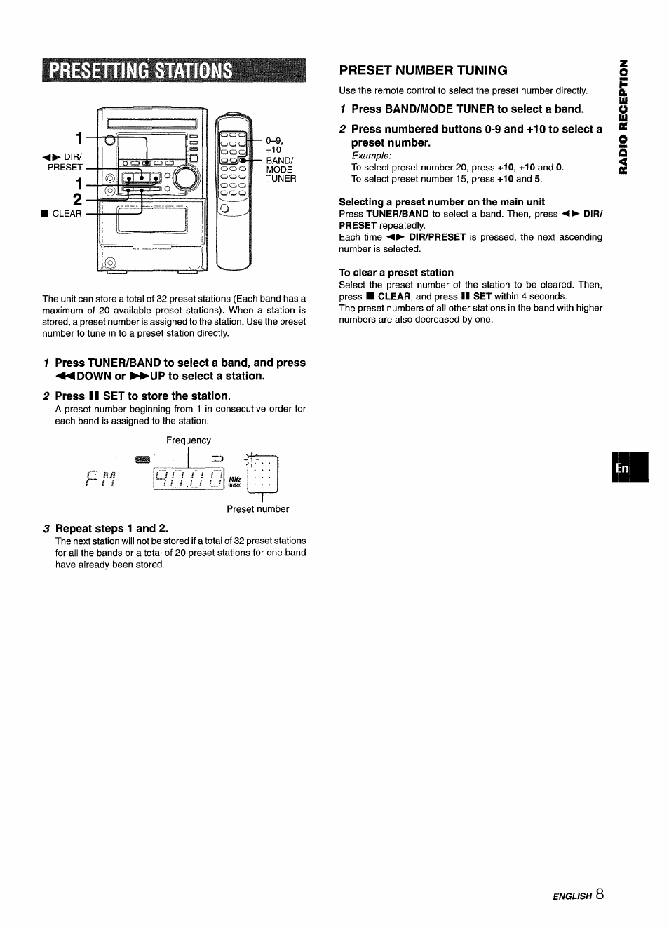 Presetting stations, Preset number tuning, 1 press band/mode tuner to select a band | Selecting a preset number on the main unit, To clear a preset station, 2 press ii set to store the station, Repeat steps 1 and 2 | Aiwa XM-M25 User Manual | Page 9 / 68