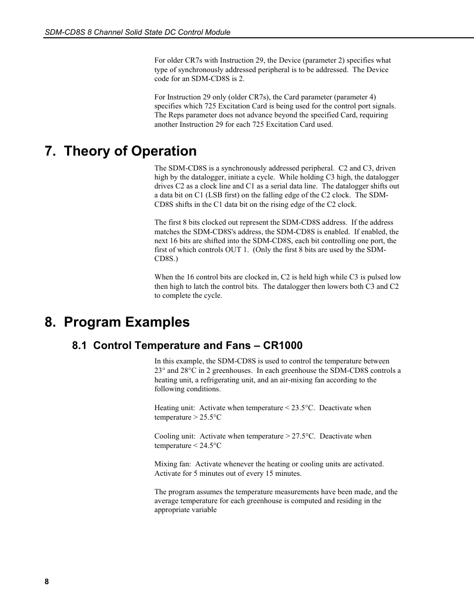 Theory of operation, Program examples, 1 control temperature and fans – cr1000 | Campbell Scientific SDM-CD8S 8 Channel Solid State DC Control Module User Manual | Page 14 / 32