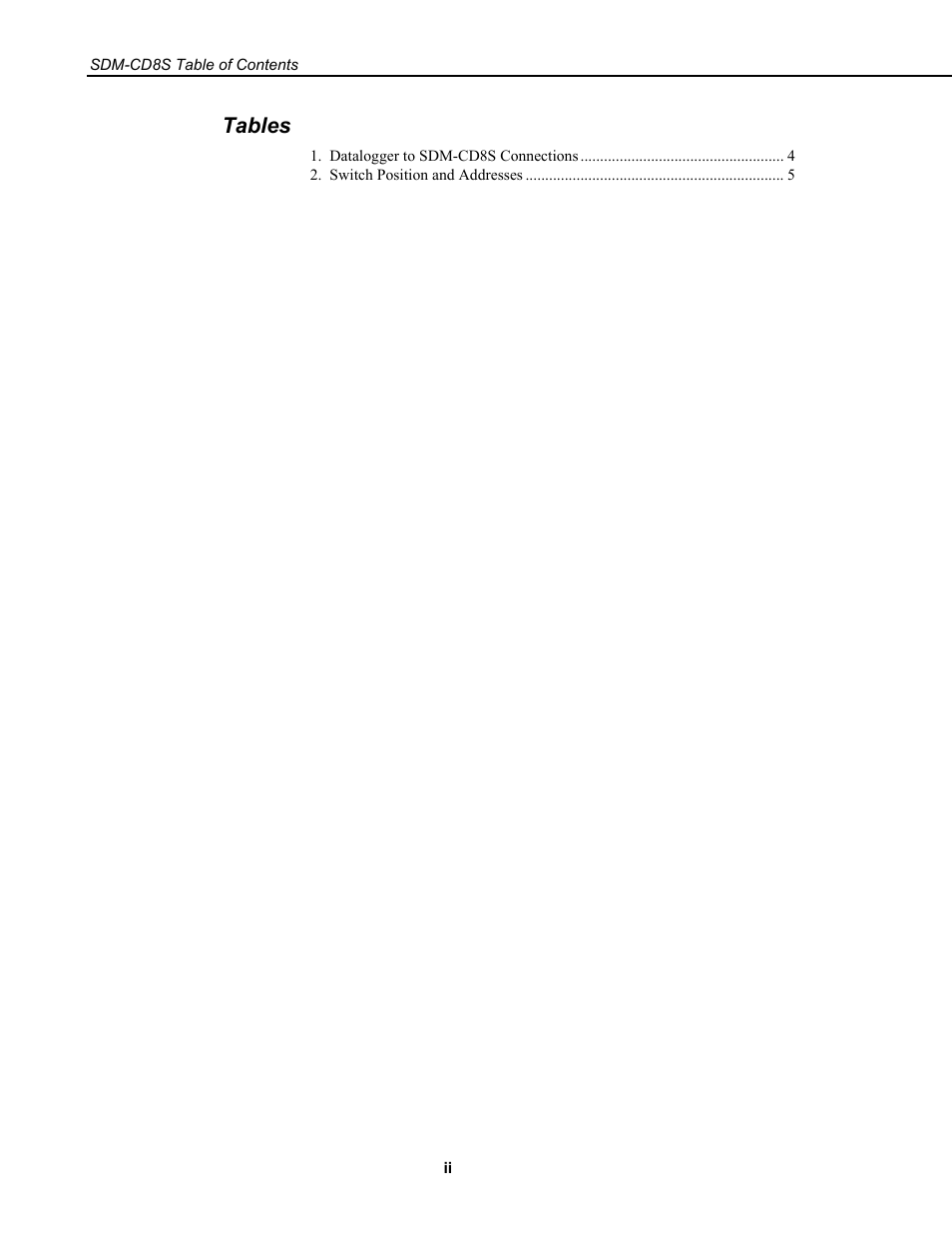 Tables | Campbell Scientific SDM-CD8S 8 Channel Solid State DC Control Module User Manual | Page 6 / 32