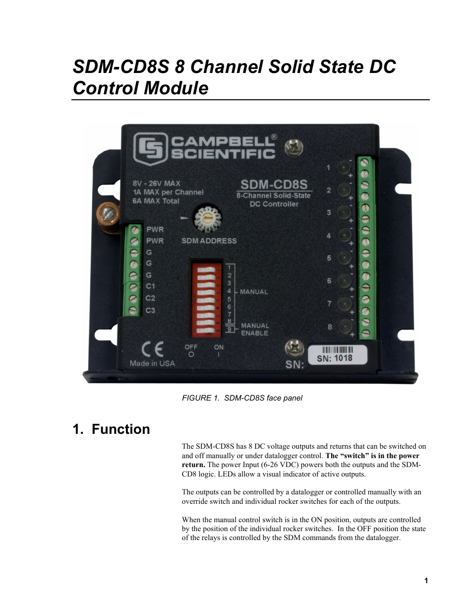 Sdm-cd8s 8 channel solid state dc control module, Function | Campbell Scientific SDM-CD8S 8 Channel Solid State DC Control Module User Manual | Page 7 / 32