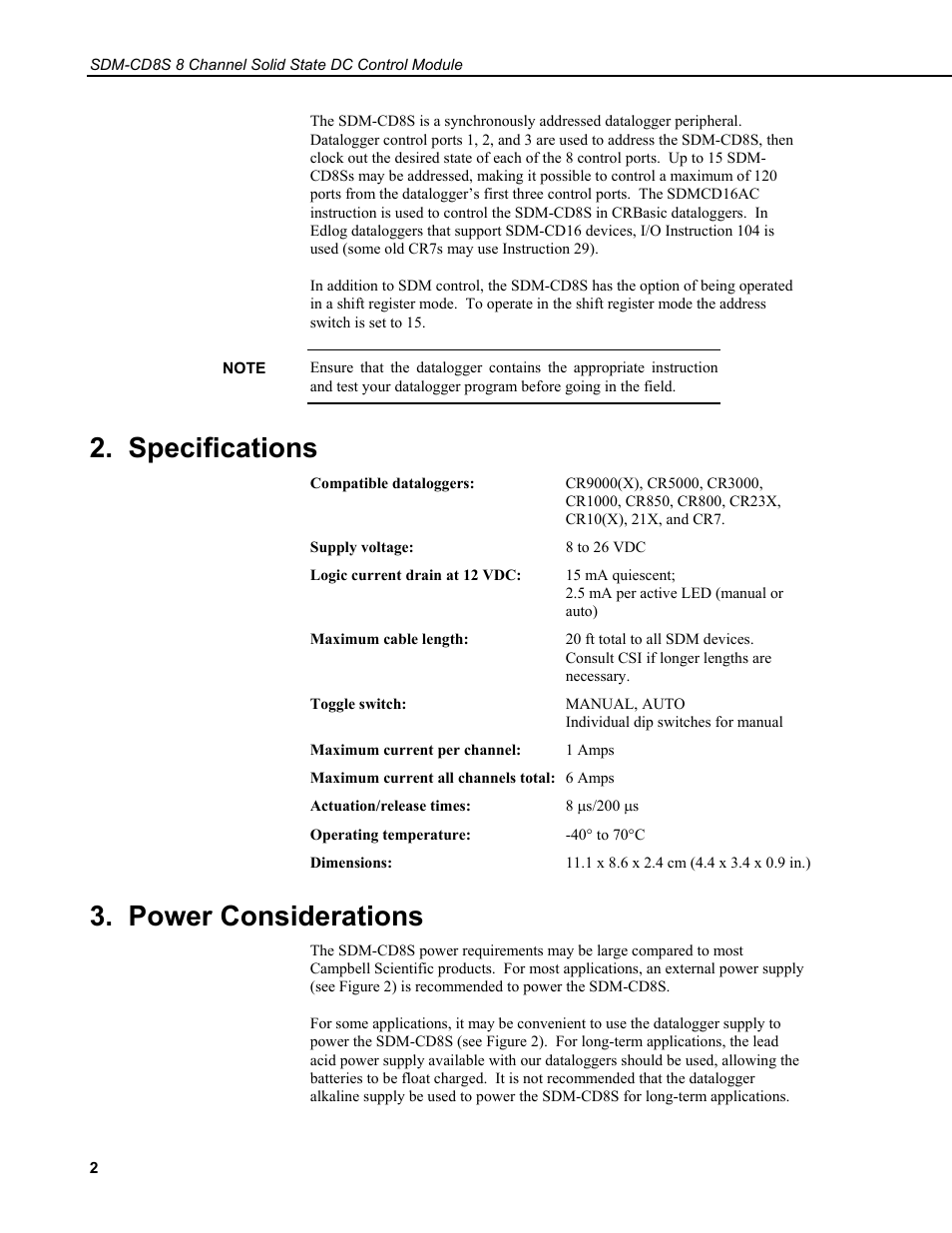 Specifications, Power considerations | Campbell Scientific SDM-CD8S 8 Channel Solid State DC Control Module User Manual | Page 8 / 32