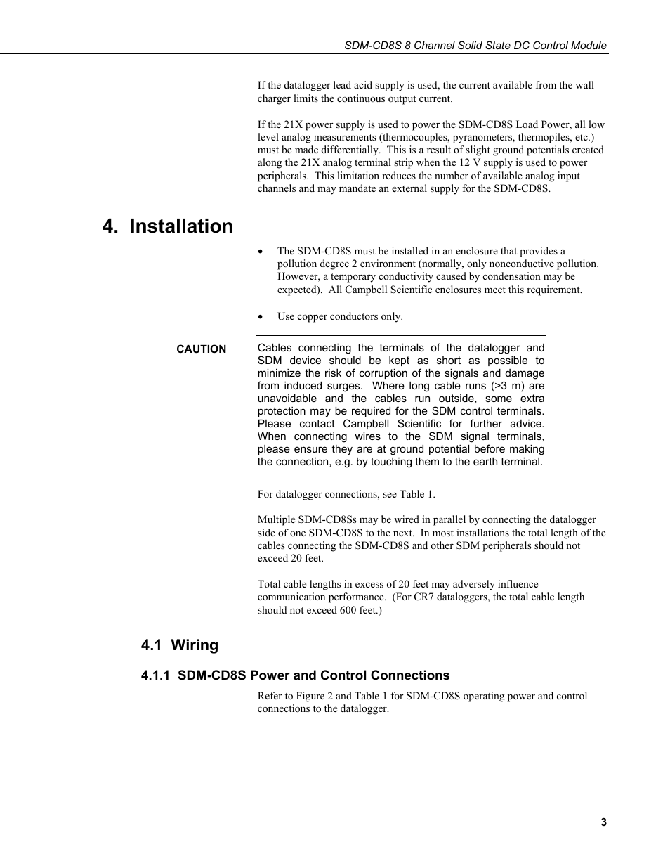 Installation, 1 wiring, 1 sdm-cd8s power and control connections | Campbell Scientific SDM-CD8S 8 Channel Solid State DC Control Module User Manual | Page 9 / 32