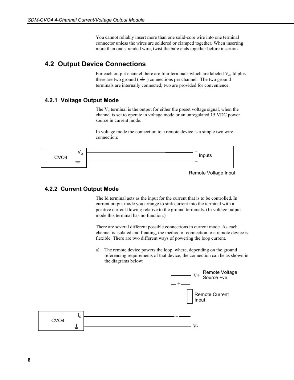 2 output device connections, 1 voltage output mode, 2 current output mode | Campbell Scientific SDM-CVO4 4-Channel Current/Voltage Output Module User Manual | Page 10 / 30