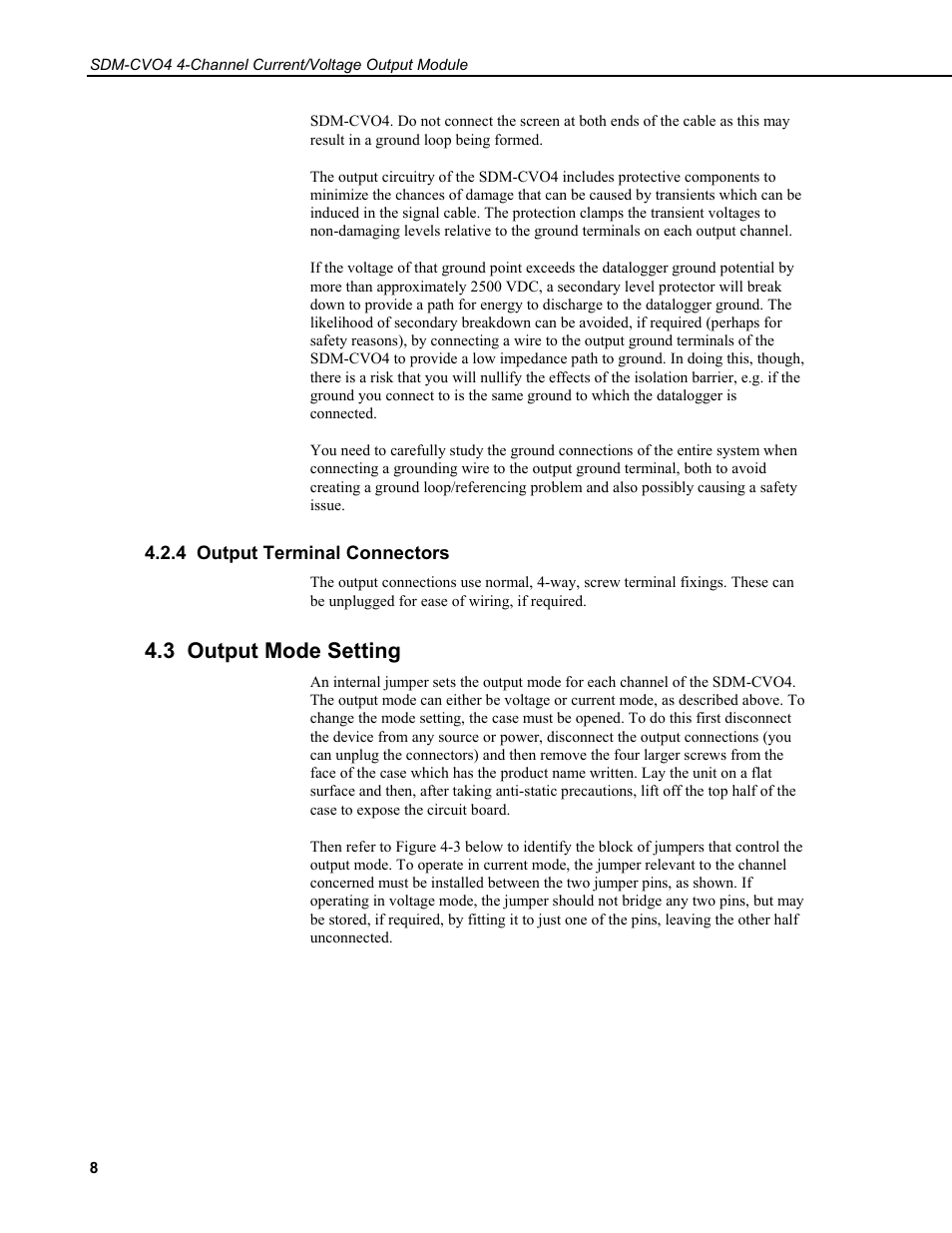 4 output terminal connectors, 3 output mode setting | Campbell Scientific SDM-CVO4 4-Channel Current/Voltage Output Module User Manual | Page 12 / 30