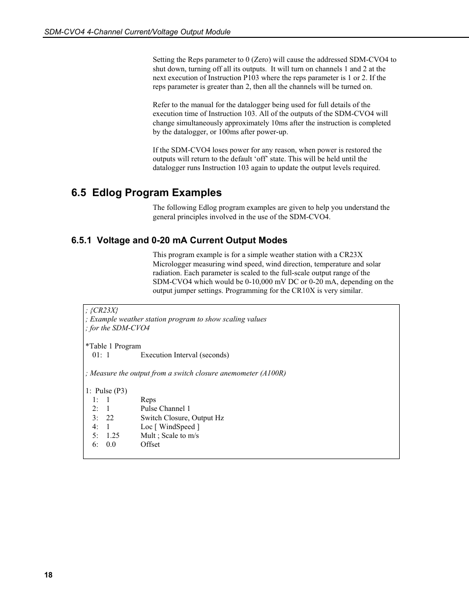 5 edlog program examples, 1 voltage and 0-20 ma current output modes | Campbell Scientific SDM-CVO4 4-Channel Current/Voltage Output Module User Manual | Page 22 / 30