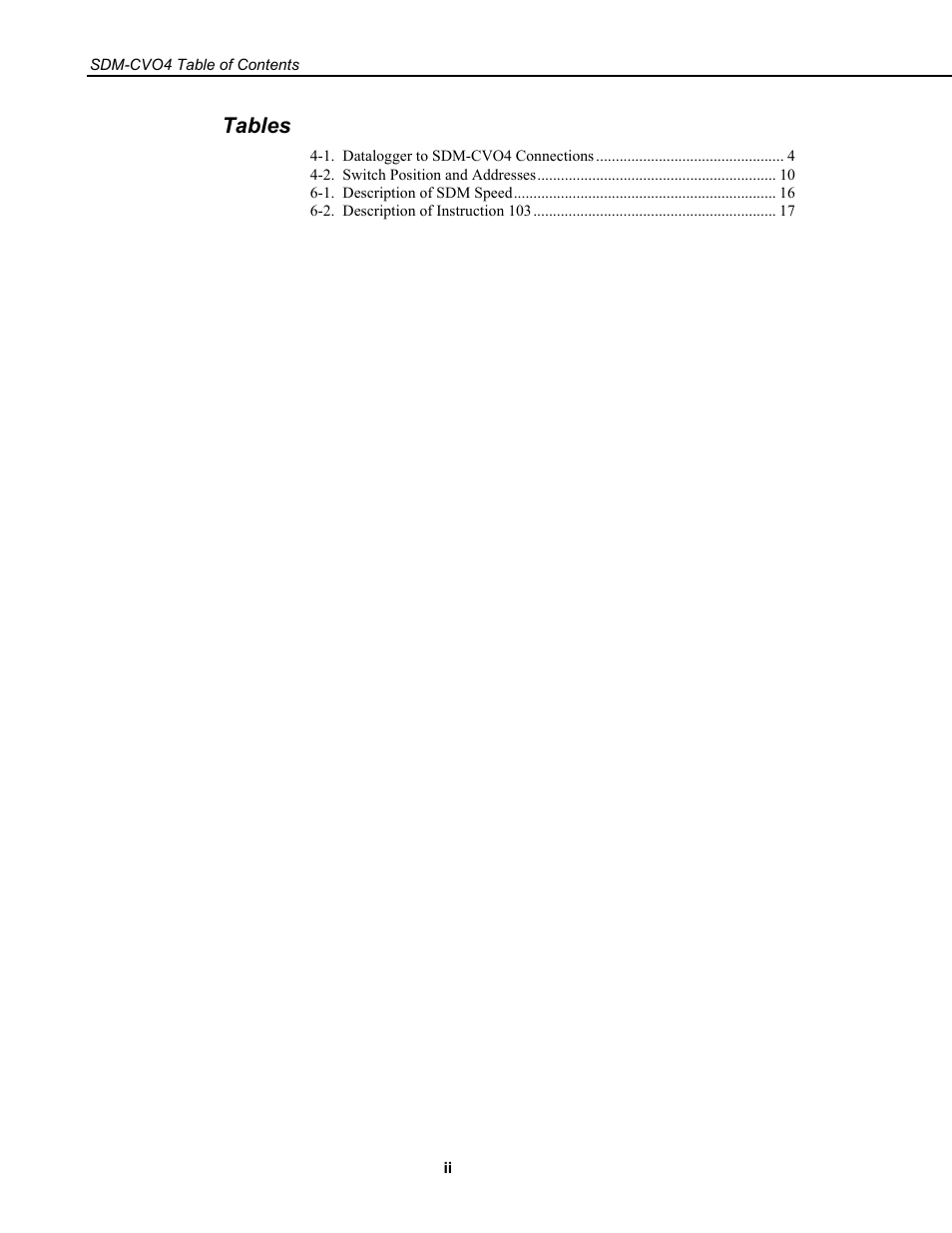 Tables | Campbell Scientific SDM-CVO4 4-Channel Current/Voltage Output Module User Manual | Page 4 / 30