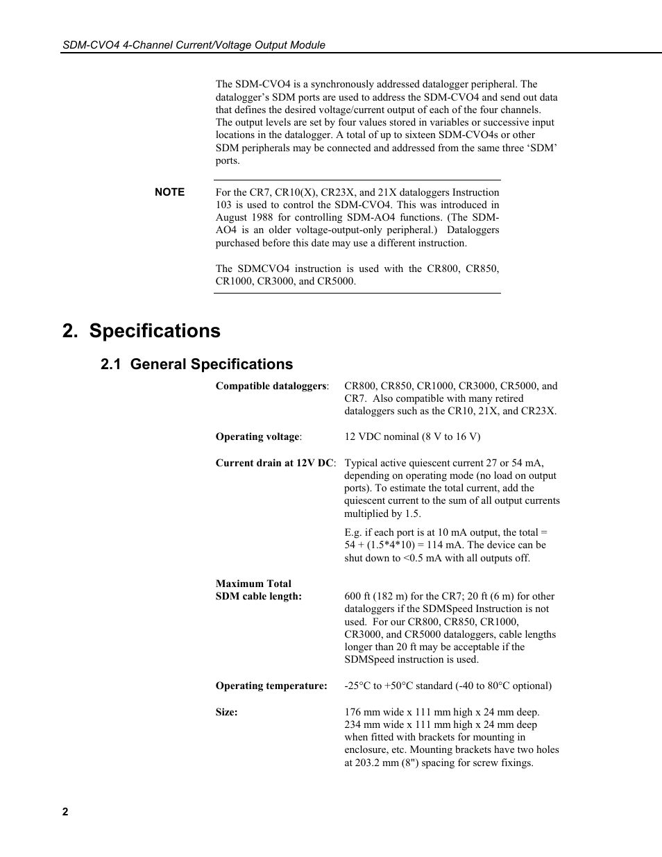 Specifications, 1 general specifications | Campbell Scientific SDM-CVO4 4-Channel Current/Voltage Output Module User Manual | Page 6 / 30