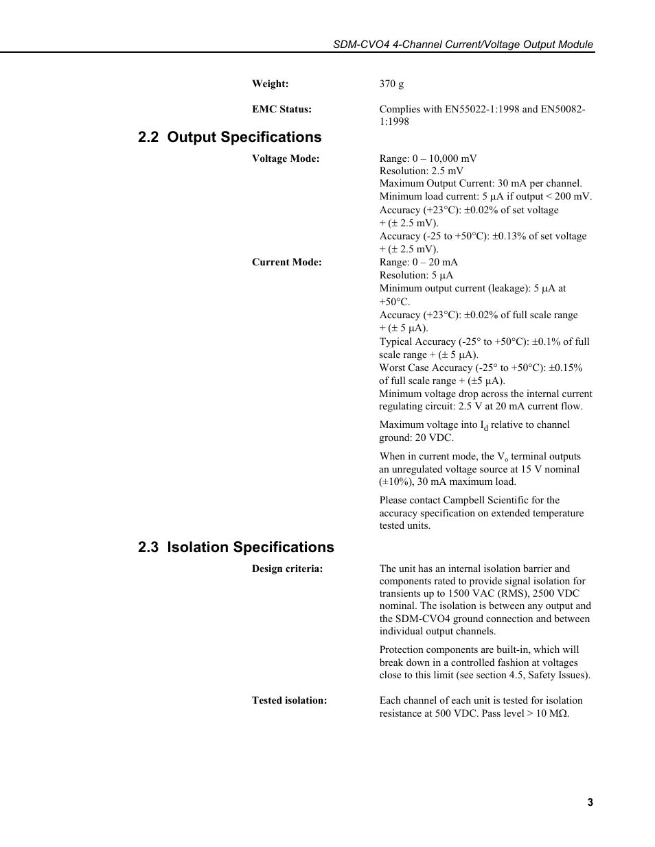 2 output specifications, 3 isolation specifications | Campbell Scientific SDM-CVO4 4-Channel Current/Voltage Output Module User Manual | Page 7 / 30