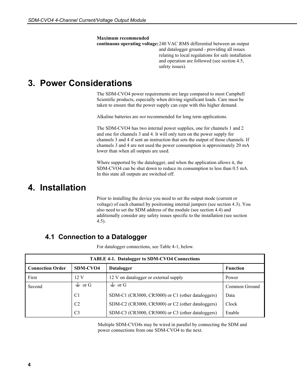 Power considerations, Installation, 1 connection to a datalogger | Campbell Scientific SDM-CVO4 4-Channel Current/Voltage Output Module User Manual | Page 8 / 30
