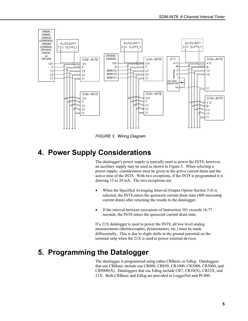 Power supply considerations, Programming the datalogger | Campbell Scientific SDM-INT8 8-Channel Interval Timer User Manual | Page 11 / 42