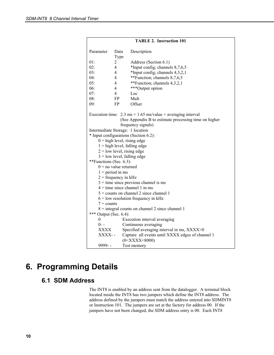 Programming details, 1 sdm address | Campbell Scientific SDM-INT8 8-Channel Interval Timer User Manual | Page 16 / 42