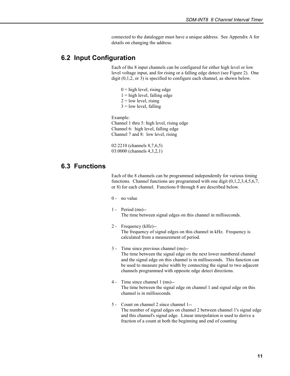 2 input configuration, 3 functions | Campbell Scientific SDM-INT8 8-Channel Interval Timer User Manual | Page 17 / 42