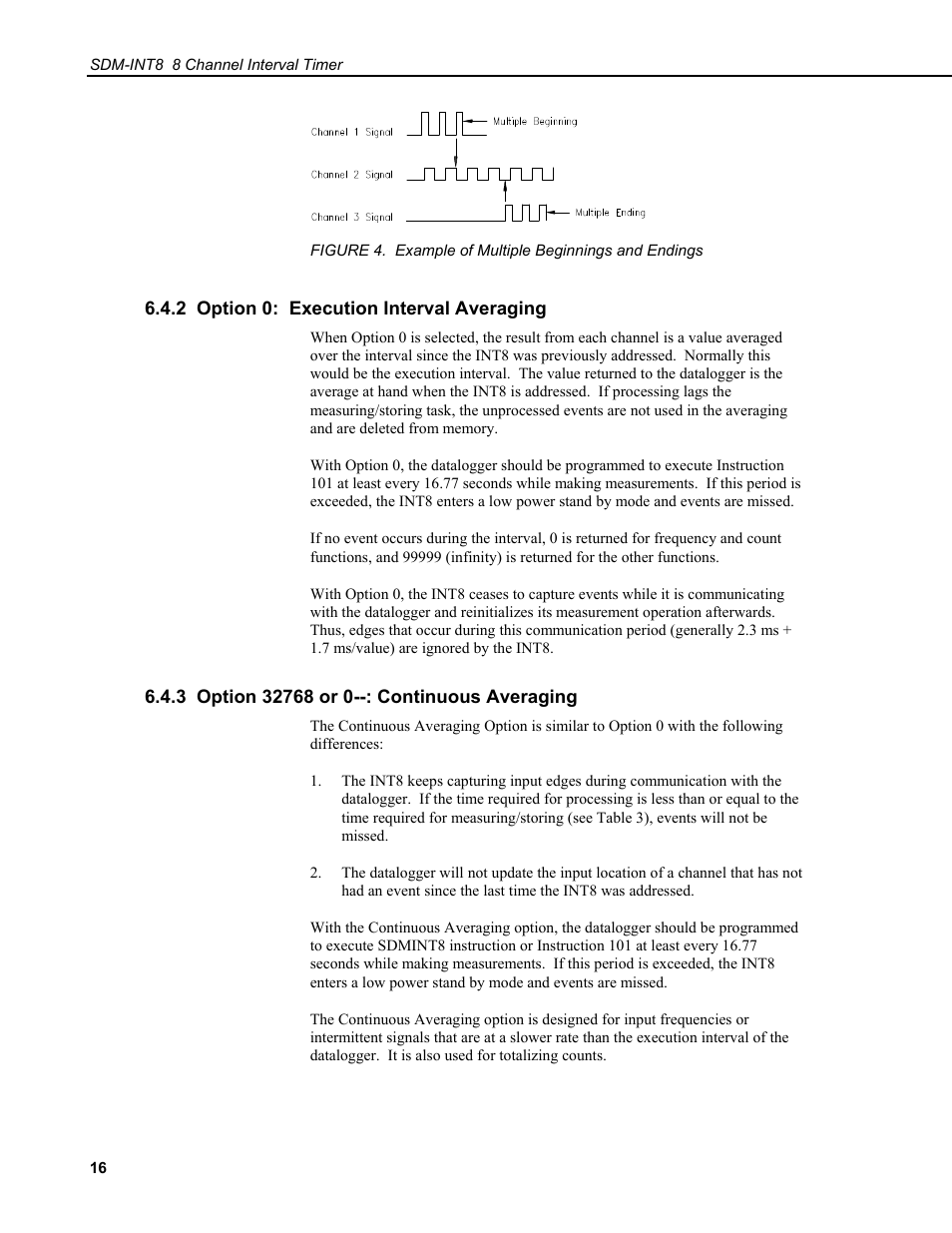 2 option 0: execution interval averaging, 3 option 32768 or 0--: continuous averaging | Campbell Scientific SDM-INT8 8-Channel Interval Timer User Manual | Page 22 / 42