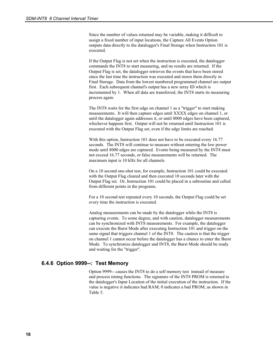 6 option 9999--: test memory | Campbell Scientific SDM-INT8 8-Channel Interval Timer User Manual | Page 24 / 42