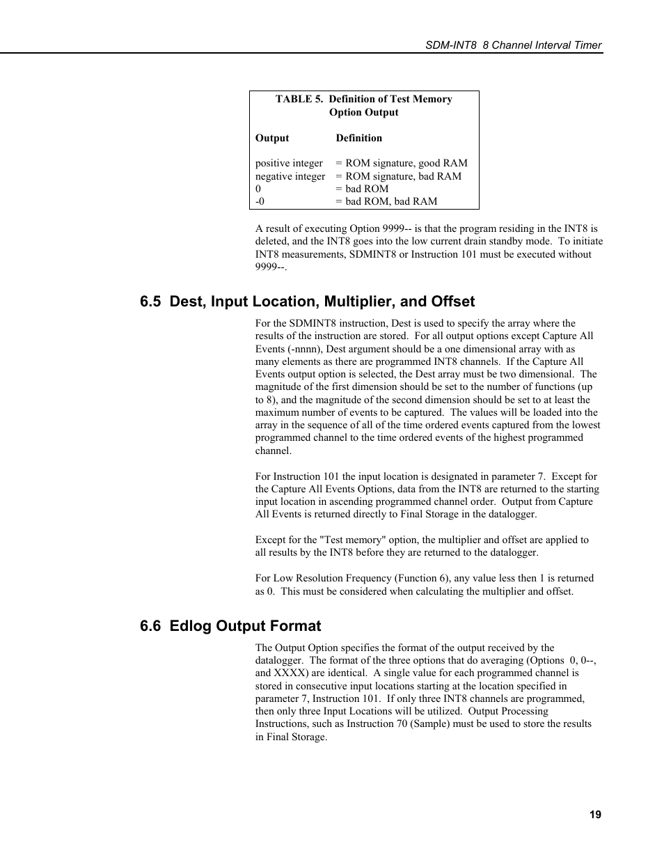 5 dest, input location, multiplier, and offset, 6 edlog output format | Campbell Scientific SDM-INT8 8-Channel Interval Timer User Manual | Page 25 / 42