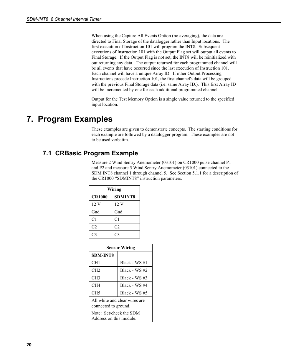 Program examples, 1 crbasic program example | Campbell Scientific SDM-INT8 8-Channel Interval Timer User Manual | Page 26 / 42