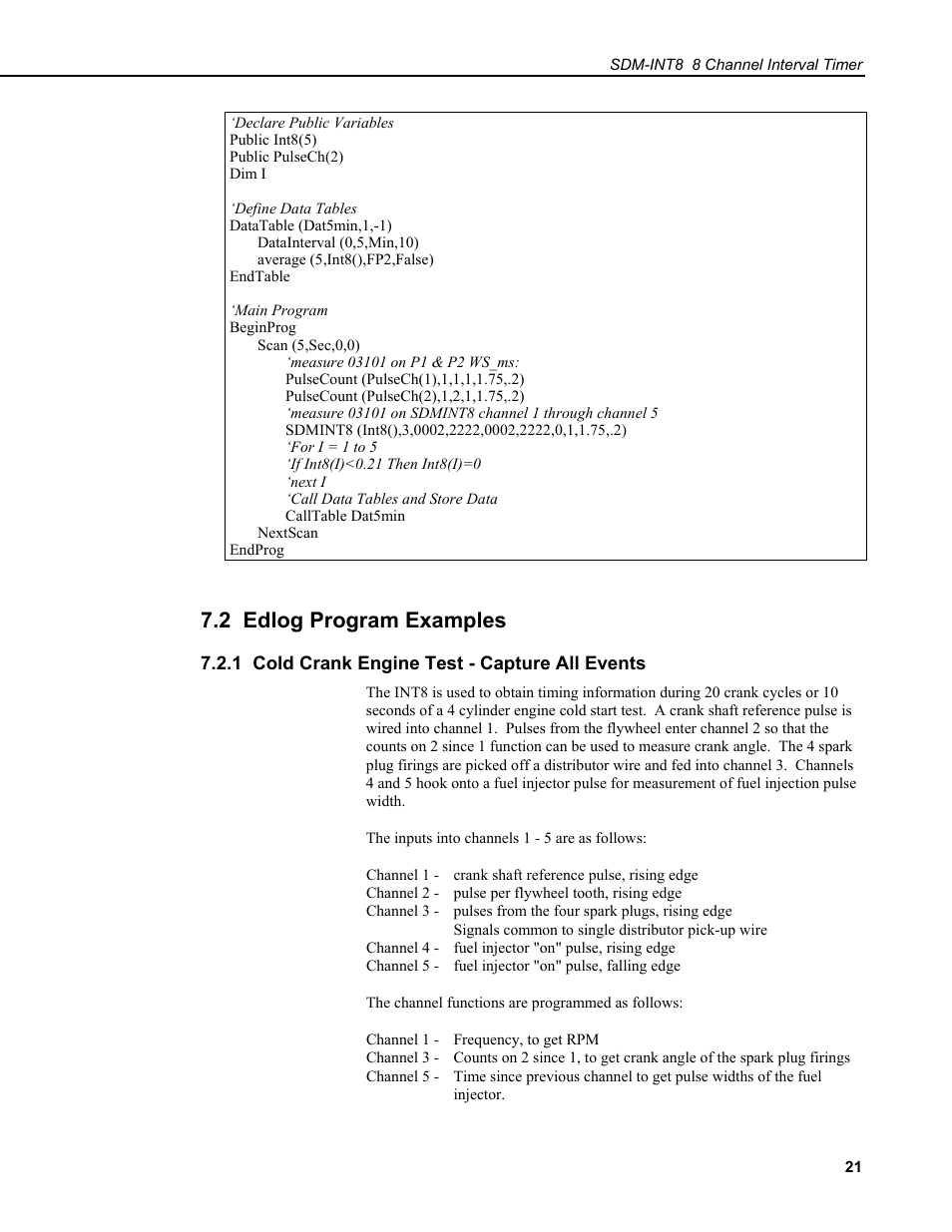 2 edlog program examples, 1 cold crank engine test - capture all events | Campbell Scientific SDM-INT8 8-Channel Interval Timer User Manual | Page 27 / 42
