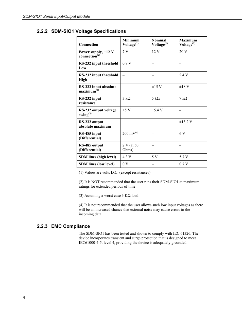 2 sdm-sio1 voltage specifications, 3 emc compliance, Sdm-sio1 voltage specifications | Emc compliance | Campbell Scientific SDM-SIO1 Serial Input/Output Module User Manual | Page 10 / 34