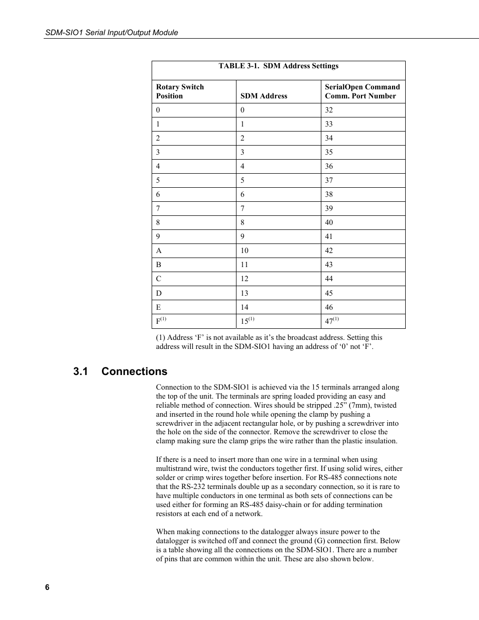 1 connections, Connections, 1. sdm address settings | Campbell Scientific SDM-SIO1 Serial Input/Output Module User Manual | Page 12 / 34