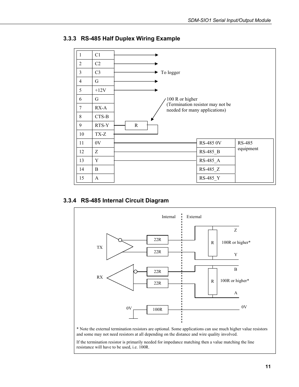 3 rs-485 half duplex wiring example, 4 rs-485 internal circuit diagram, Rs-485 half duplex wiring example | Rs-485 internal circuit diagram | Campbell Scientific SDM-SIO1 Serial Input/Output Module User Manual | Page 17 / 34