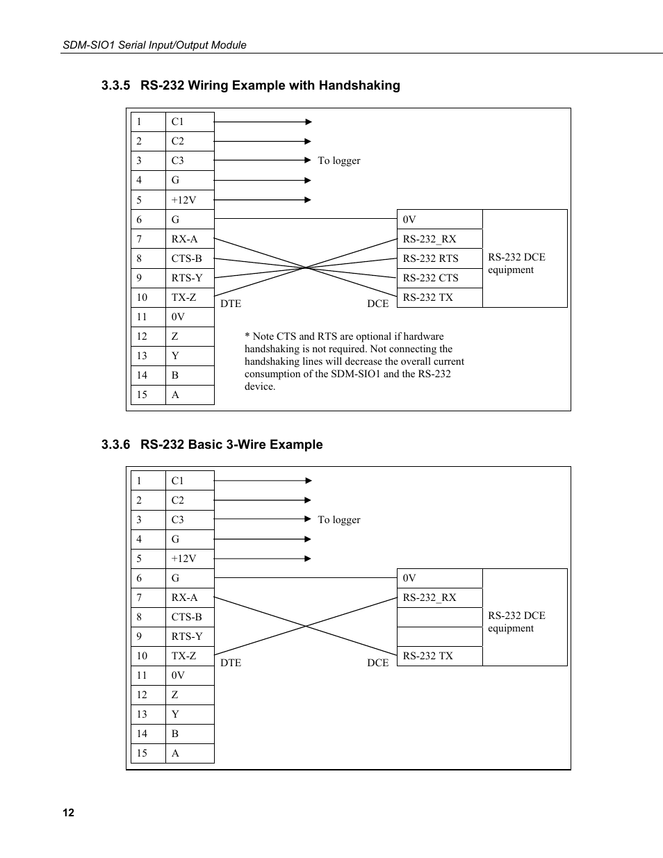 5 rs-232 wiring example with handshaking, 6 rs-232 basic 3-wire example, Rs-232 wiring example with handshaking | Rs-232 basic 3-wire example | Campbell Scientific SDM-SIO1 Serial Input/Output Module User Manual | Page 18 / 34