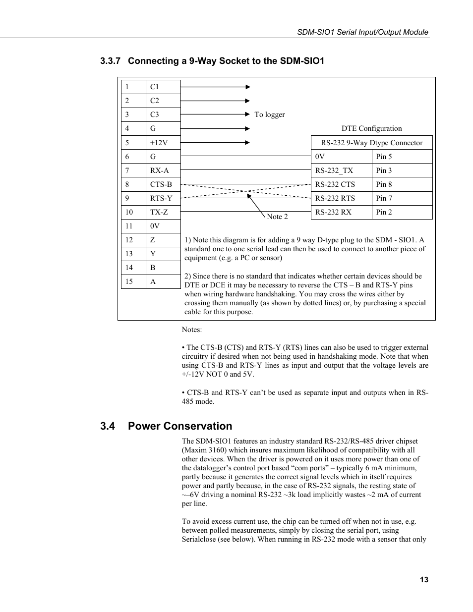 7 connecting a 9-way socket to the sdm-sio1, 4 power conservation, Connecting a 9-way socket to the sdm-sio1 | Power conservation | Campbell Scientific SDM-SIO1 Serial Input/Output Module User Manual | Page 19 / 34