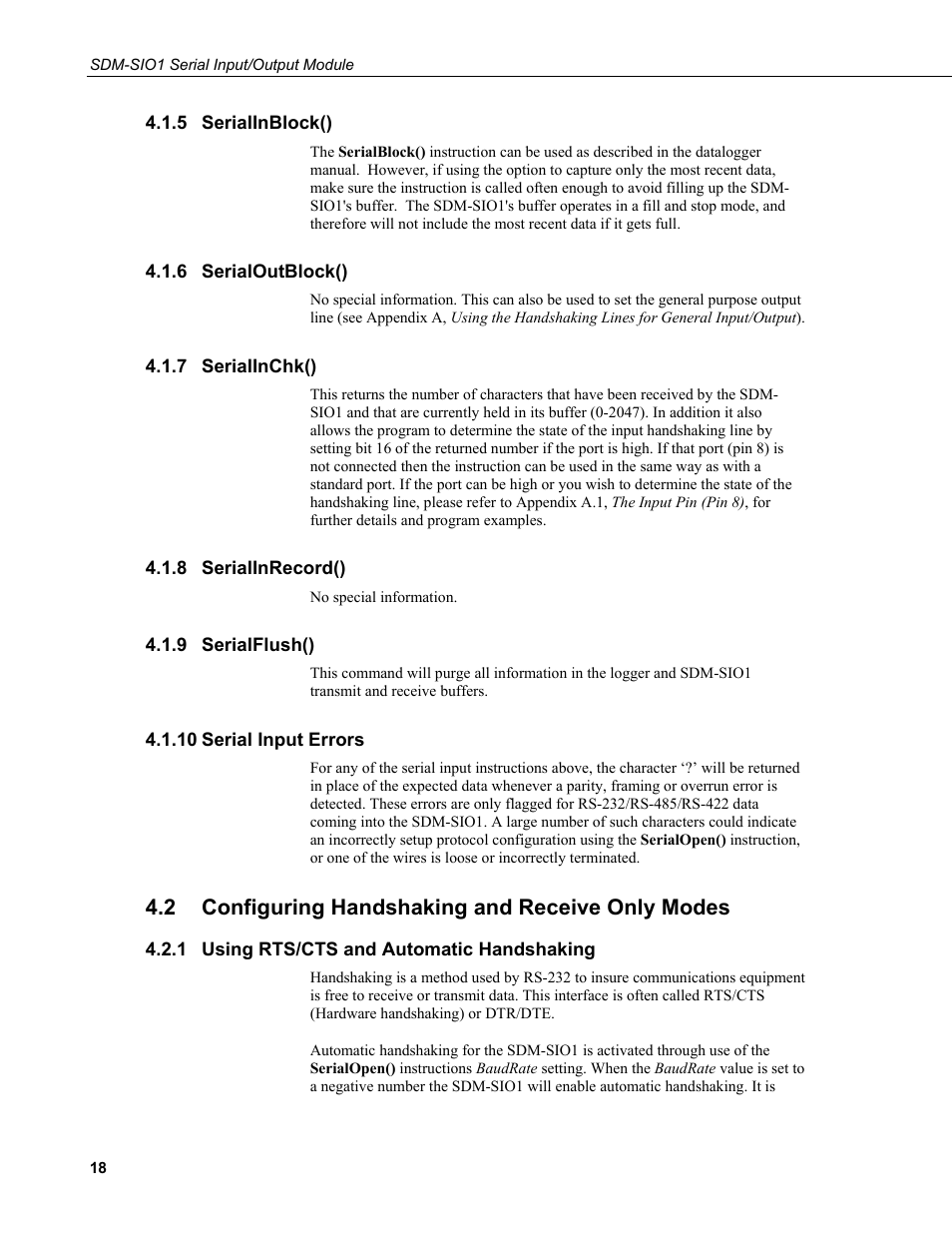 5 serialinblock(), 6 serialoutblock(), 7 serialinchk() | 8 serialinrecord(), 9 serialflush(), 10 serial input errors, 2 configuring handshaking and receive only modes, 1 using rts/cts and automatic handshaking, Serialinblock(), Serialoutblock() | Campbell Scientific SDM-SIO1 Serial Input/Output Module User Manual | Page 24 / 34