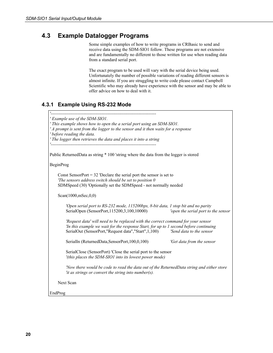 3 example datalogger programs, 1 example using rs-232 mode, Example datalogger programs | Example using rs-232 mode | Campbell Scientific SDM-SIO1 Serial Input/Output Module User Manual | Page 26 / 34