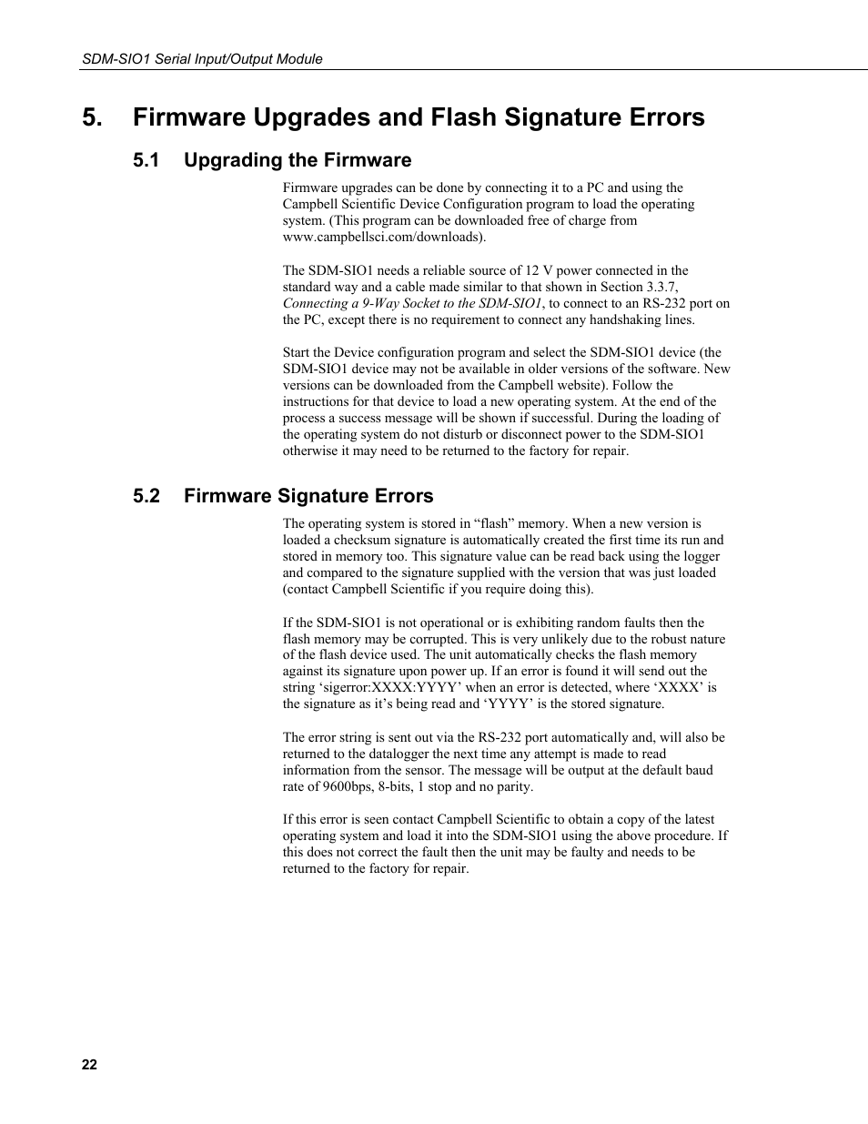 Firmware upgrades and flash signature errors, 1 upgrading the firmware, 2 firmware signature errors | Upgrading the firmware, Firmware signature errors | Campbell Scientific SDM-SIO1 Serial Input/Output Module User Manual | Page 28 / 34