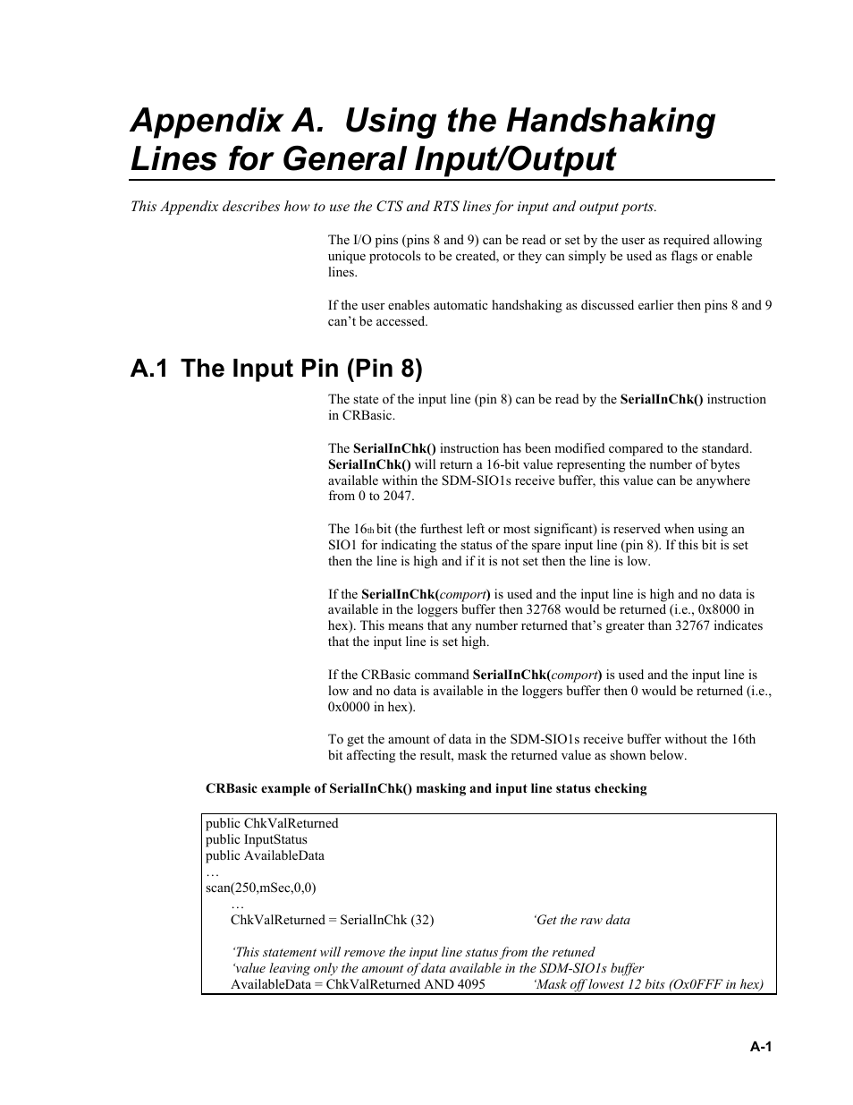 A.1 the input pin (pin 8), Using the handshaking lines for general | Campbell Scientific SDM-SIO1 Serial Input/Output Module User Manual | Page 29 / 34