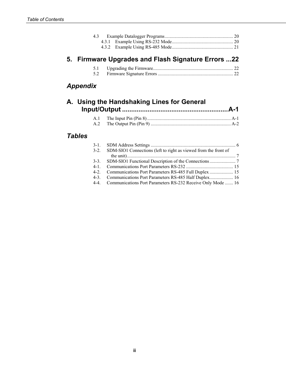 Firmware upgrades and flash signature errors, Appendix a, Tables | Campbell Scientific SDM-SIO1 Serial Input/Output Module User Manual | Page 6 / 34