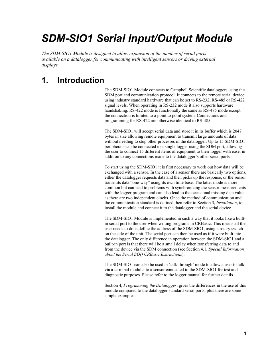 Introduction, Sdm-sio1 serial input/output module | Campbell Scientific SDM-SIO1 Serial Input/Output Module User Manual | Page 7 / 34